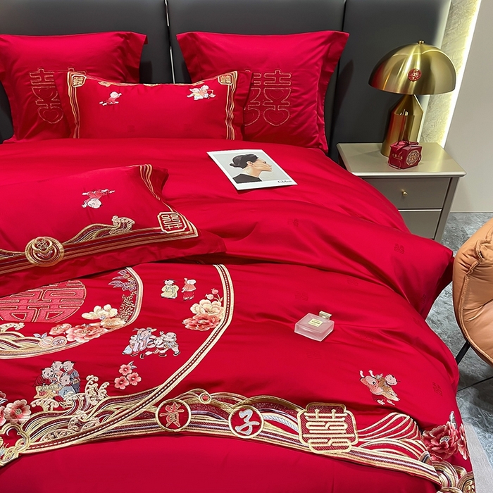 91家纺网 家纺一手货源 找家纺 卓缦家纺 2024新款全棉刺绣提花四件套 百子呈祥