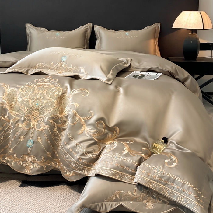 91家纺网 家纺一手货源 找家纺 欧乐蒂 2025新款欧式水洗贡缎全棉刺绣四件套-欧雅终版 高级灰