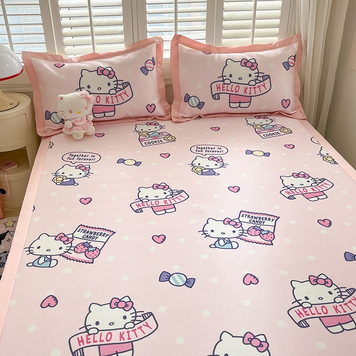 91家纺网 家纺一手货源 找家纺 金爱家 2024新款A类三丽鸥授权数码印花中分子1200D凉感冰丝宽边凉感软席 冰丝席-糖果爱心kitty