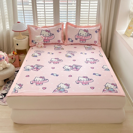 桃子家居 2024新款A类三丽鸥授权数码印花中分子1200D凉感冰丝宽边凉感软席详情 冰丝席-糖果爱心kitty