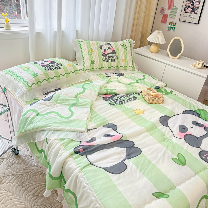 91家纺网 家纺一手货源 找家纺 慕澄家纺 2024新款大版印花乳胶凉席套件-夏被凉席四件套 可爱熊猫