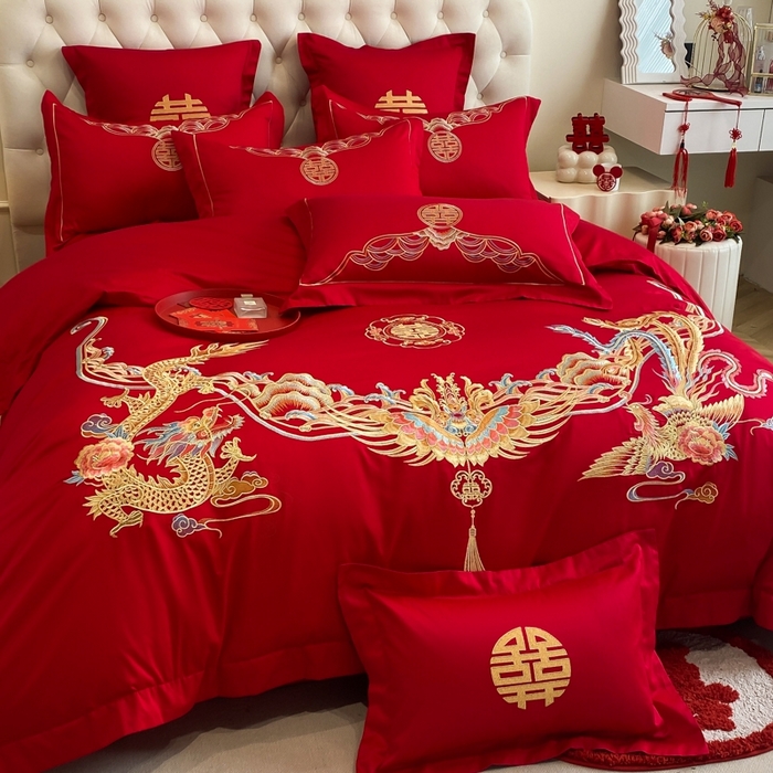 91家纺网 家纺一手货源 找家纺 欧乐蒂 2025新款亲肤棉婚庆刺绣四件套-终版 龙凤和鸣