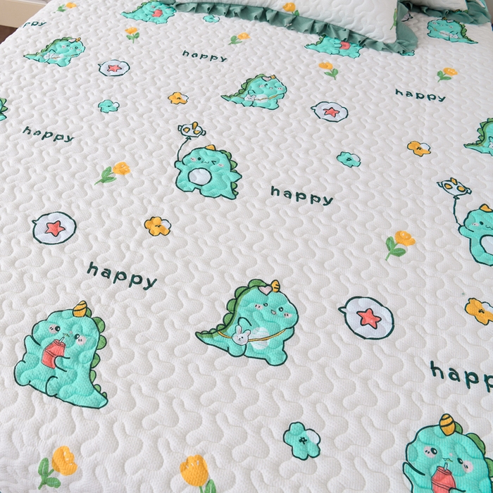 91家纺网 家纺一手货源 找家纺 艾裙海 2025新款云感双层纱单床盖 开心小恐龙