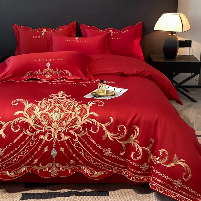 91家纺网 家纺一手货源 找家纺 欧乐蒂 2025新款欧式水洗贡缎全棉刺绣四件套-欧雅终版 酒红