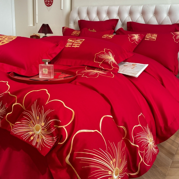 91家纺网 家纺一手货源 找家纺 欧乐蒂 2025新款设计师原创亲肤棉婚庆四件套 花开富贵