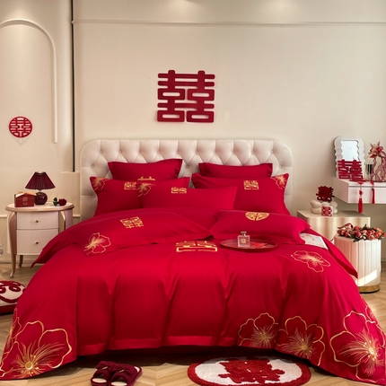 欧乐蒂 2025新款设计师原创亲肤棉婚庆四件套 花开富贵