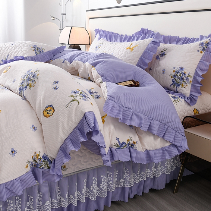91家纺网 家纺一手货源 找家纺 艾裙海 2025新款云感双层纱床盖四件套 紫束