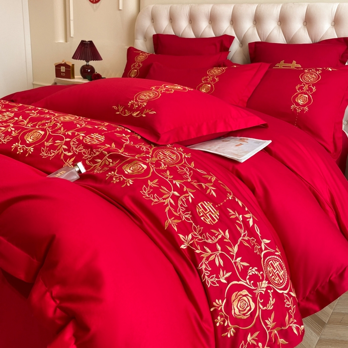 91家纺网 家纺一手货源 找家纺 欧乐蒂 2025新款设计师原创亲肤棉婚庆四件套 喜事连连