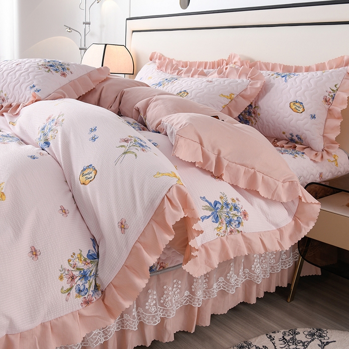 91家纺网 家纺一手货源 找家纺 艾裙海 2025新款云感双层纱床盖四件套 花团锦簇-玉