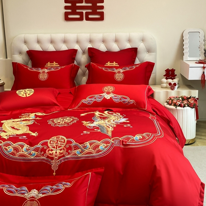 91家纺网 家纺一手货源 找家纺 欧乐蒂 2025新款亲肤棉婚庆刺绣四件套-终版 龙凤瑞彩