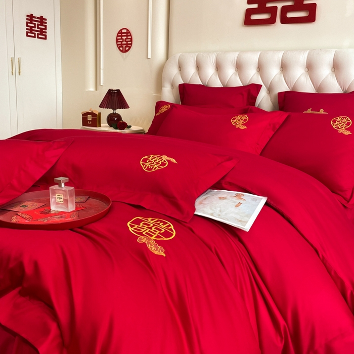 91家纺网 家纺一手货源 找家纺 欧乐蒂 2025新款设计师原创亲肤棉婚庆四件套 云喜东方