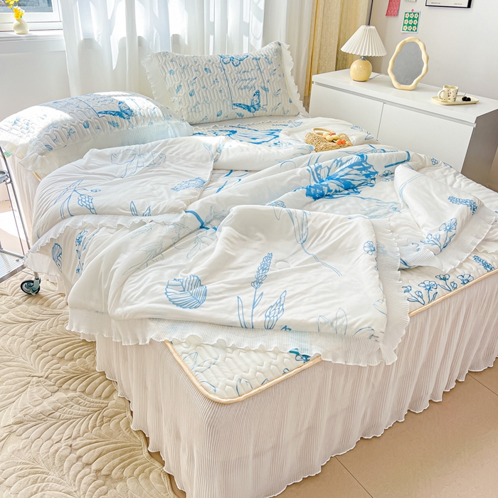 91家纺网 家纺一手货源 找家纺 慕澄家纺 2024新款大版印花乳胶凉席套件-夏被凉席四件套 蝴蝶飞飞