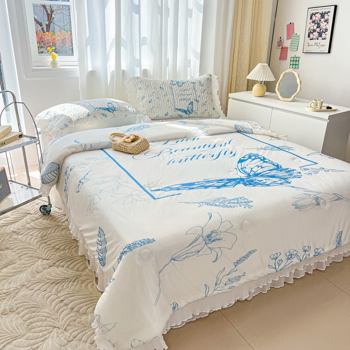 91家纺网 家纺一手货源 找家纺 慕澄家纺 2024新款大版印花乳胶凉席套件-夏被凉席四件套 蝴蝶飞飞
