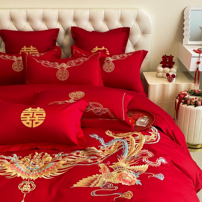 91家纺网 家纺一手货源 找家纺 欧乐蒂 2025新款亲肤棉婚庆刺绣四件套-终版 龙凤和鸣