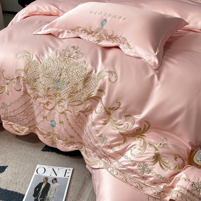 91家纺网 家纺一手货源 找家纺 欧乐蒂 2025新款欧式水洗贡缎全棉刺绣四件套-欧雅终版 粉色