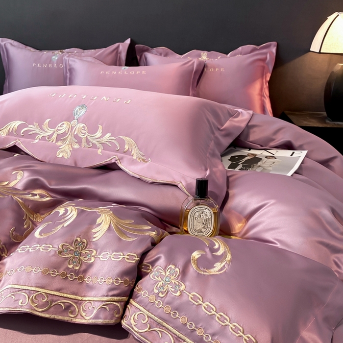 91家纺网 家纺一手货源 找家纺 欧乐蒂 2025新款欧式水洗贡缎全棉刺绣四件套-欧雅终版 豆沙