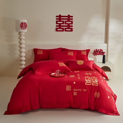欧乐蒂 2025新款亲肤棉婚庆刺绣四件套-家有喜事 家有喜事-金
