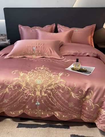 91家纺网 家纺一手货源 找家纺 欧乐蒂 2025新款欧式水洗贡缎全棉刺绣四件套-欧雅终版 玉色