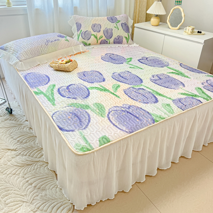 91家纺网 家纺一手货源 找家纺 慕澄家纺 2024新款大版印花床裙款乳胶凉席-凉席三件套 紫色郁金香