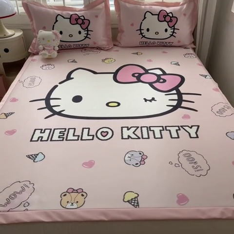 91家纺网 家纺一手货源 找家纺 金爱家 2024新款A类三丽鸥授权数码印花中分子1200D凉感冰丝宽边凉感软席 冰丝席-少女Kitty