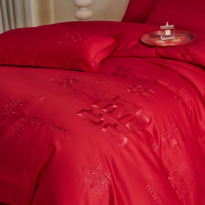 91家纺网 家纺一手货源 找家纺 欧乐蒂 2025新款亲肤棉婚庆刺绣四件套-家有喜事 家有喜事-红