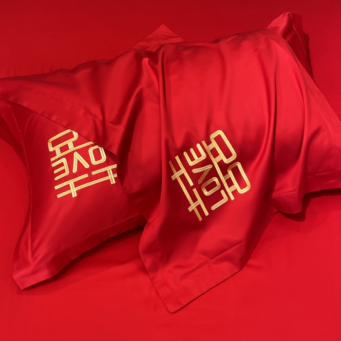 91家纺网 家纺一手货源 找家纺 欧乐蒂 2025新款亲肤棉婚庆刺绣四件套-终版 家有喜事-金