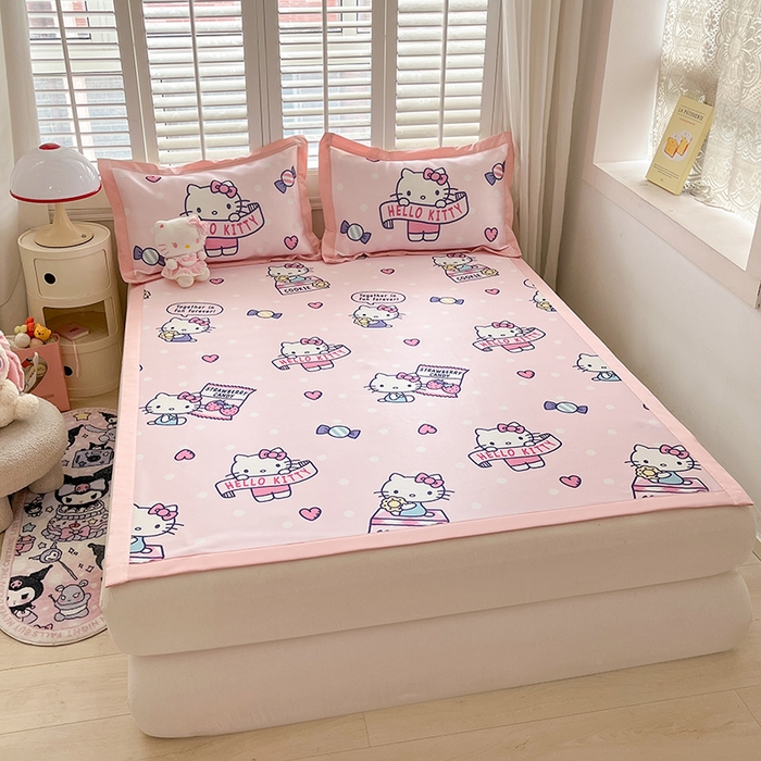 91家纺网 家纺一手货源 找家纺 金爱家 2024新款A类三丽鸥授权数码印花中分子1200D凉感冰丝宽边凉感软席 冰丝席-糖果爱心kitty