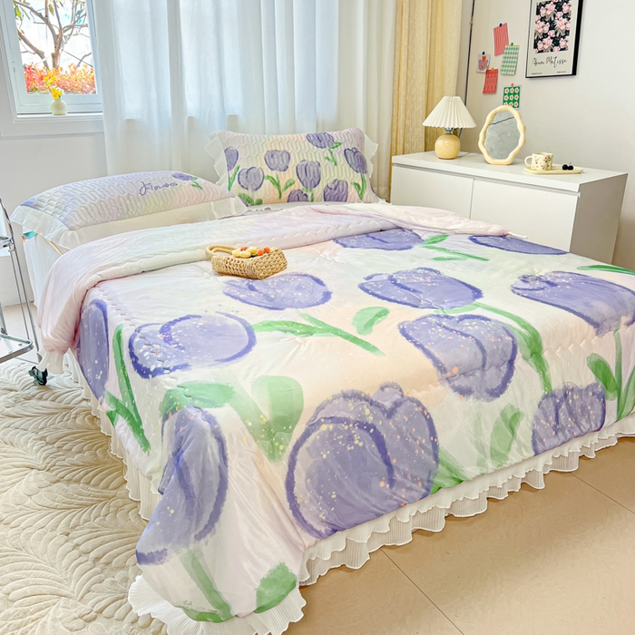 91家纺网 家纺一手货源 找家纺 慕澄家纺 2024新款大版印花乳胶凉席套件-夏被凉席四件套 紫色郁金香