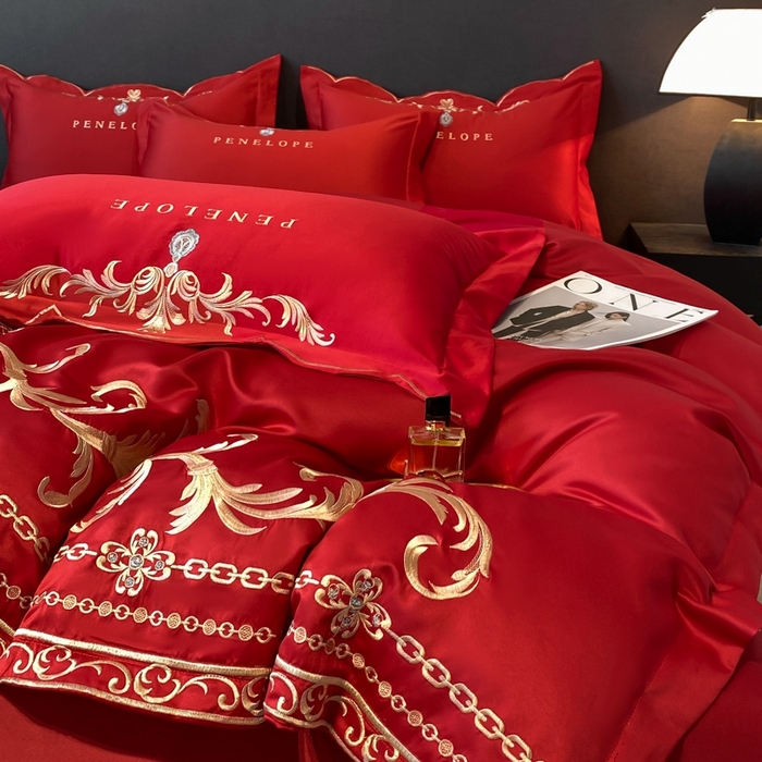 91家纺网 家纺一手货源 找家纺 欧乐蒂 2025新款欧式水洗贡缎全棉刺绣四件套-欧雅终版 酒红