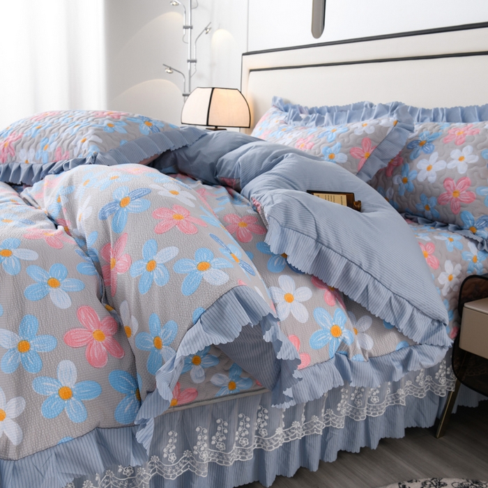 91家纺网 家纺一手货源 找家纺 艾裙海 2025新款云感双层纱床盖四件套 美丽花园