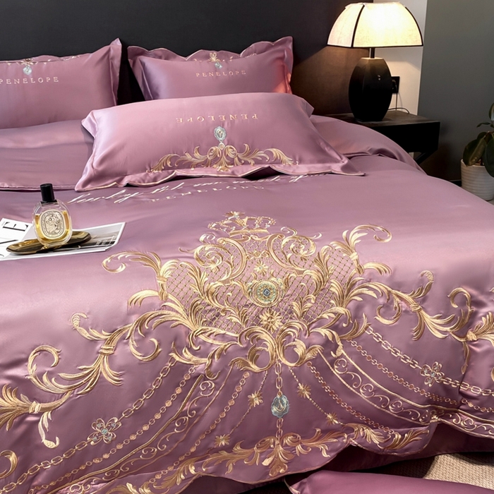 91家纺网 家纺一手货源 找家纺 欧乐蒂 2025新款欧式水洗贡缎全棉刺绣四件套-欧雅终版 豆沙