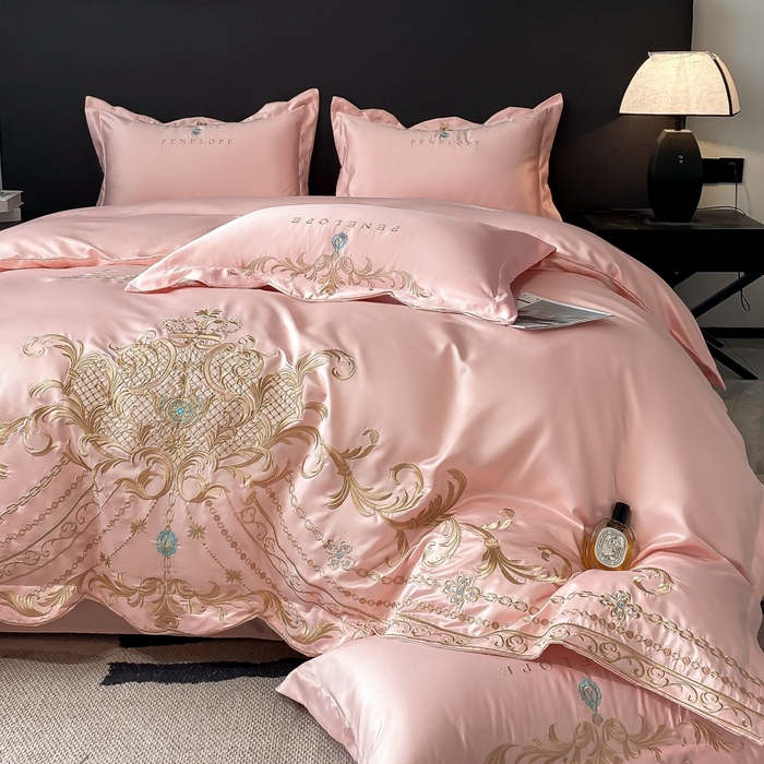 91家纺网 家纺一手货源 找家纺 欧乐蒂 2025新款欧式水洗贡缎全棉刺绣四件套-欧雅终版 粉色