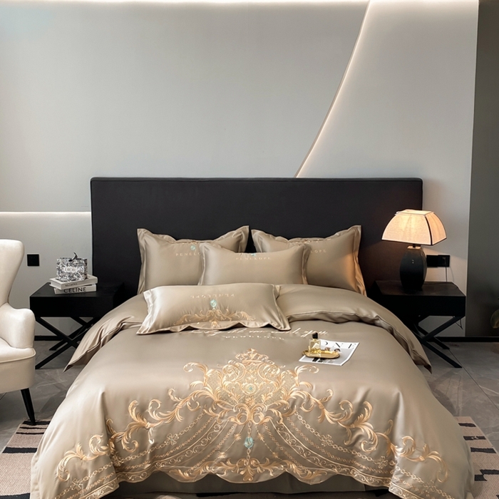 91家纺网 家纺一手货源 找家纺 欧乐蒂 2025新款欧式水洗贡缎全棉刺绣四件套-欧雅终版 高级灰