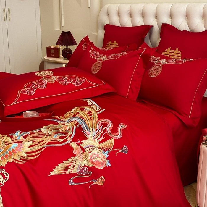 91家纺网 家纺一手货源 找家纺 欧乐蒂 2025新款亲肤棉婚庆刺绣四件套-终版 龙凤和鸣