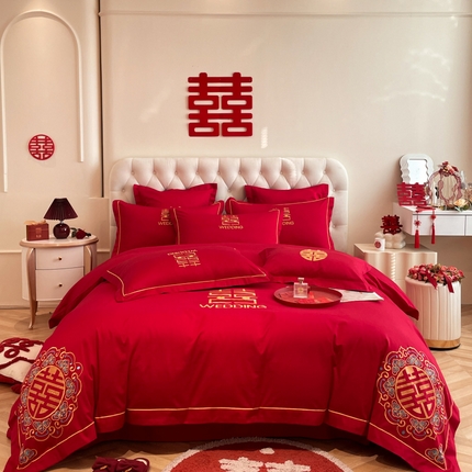 欧乐蒂 2025新款设计师原创亲肤棉婚庆四件套 双喜临门