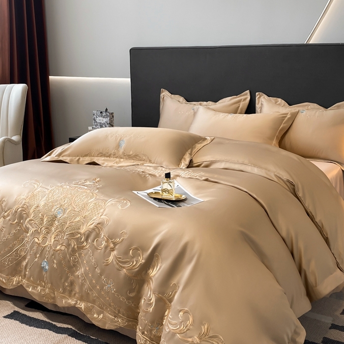 91家纺网 家纺一手货源 找家纺 欧乐蒂 2025新款欧式水洗贡缎全棉刺绣四件套-欧雅终版 香槟