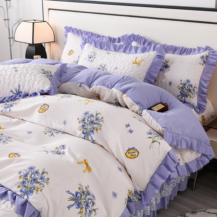 91家纺网 家纺一手货源 找家纺 艾裙海 2025新款云感双层纱床盖四件套 紫束