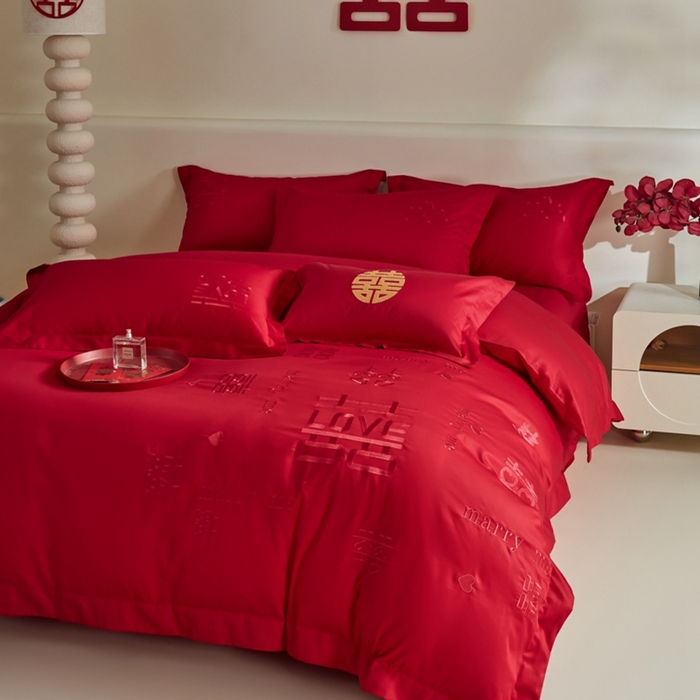 91家纺网 家纺一手货源 找家纺 欧乐蒂 2025新款亲肤棉婚庆刺绣四件套-家有喜事 家有喜事-红