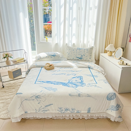 91家纺网 家纺一手货源 找家纺 慕澄家纺 2024新款大版印花乳胶凉席套件-夏被凉席四件套 蝴蝶飞飞