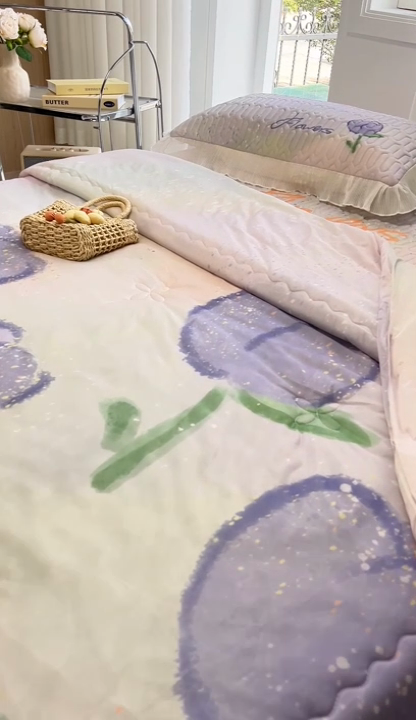 91家纺网 家纺一手货源 找家纺 慕澄家纺 2024新款大版印花乳胶凉席套件-夏被凉席四件套 紫色郁金香