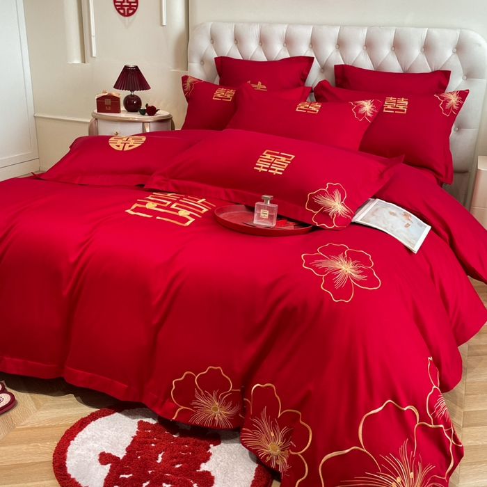 91家纺网 家纺一手货源 找家纺 欧乐蒂 2025新款设计师原创亲肤棉婚庆四件套 花开富贵