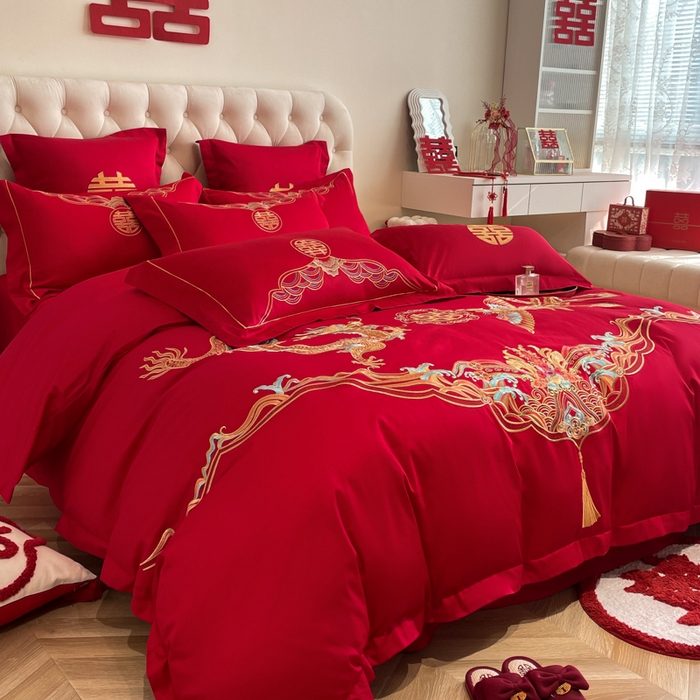 91家纺网 家纺一手货源 找家纺 欧乐蒂 2025新款设计师原创亲肤棉婚庆四件套 龙姿风采