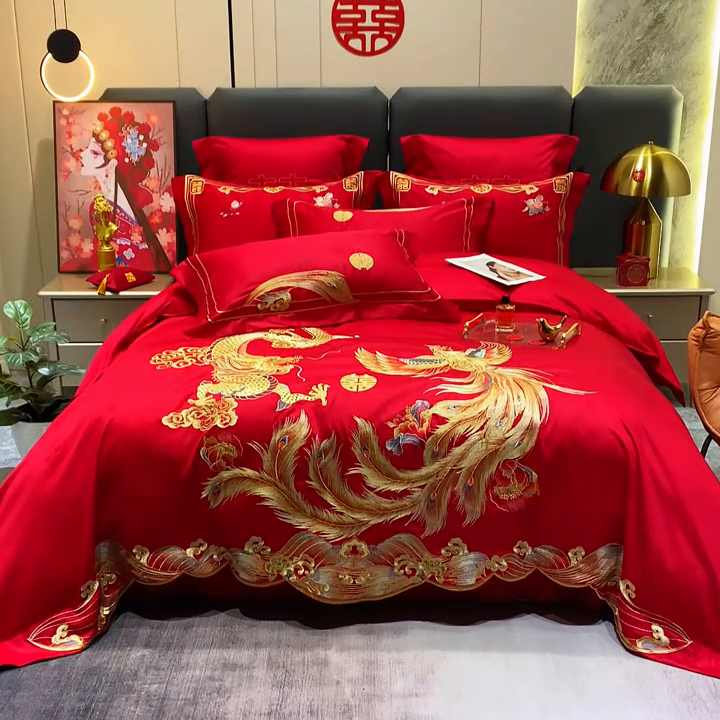 91家纺网 家纺一手货源 找家纺 卓缦家纺 2024新款全棉刺绣提花四件套 龙凤喜呈