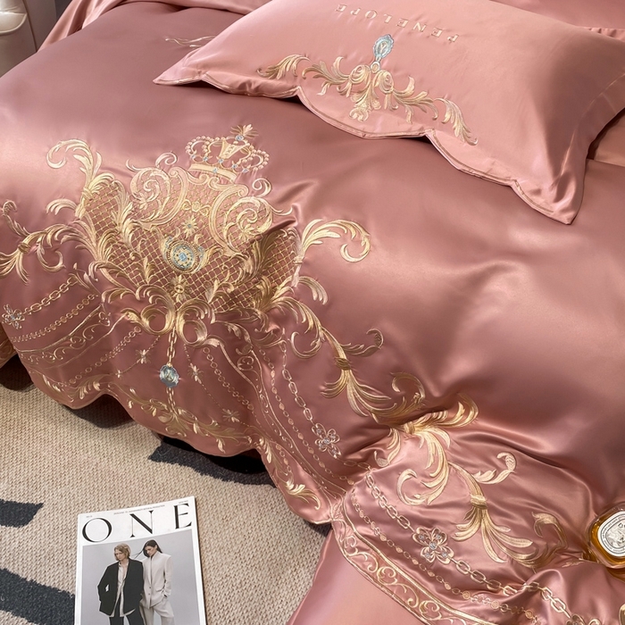 91家纺网 家纺一手货源 找家纺 欧乐蒂 2025新款欧式水洗贡缎全棉刺绣四件套-欧雅终版 玉色