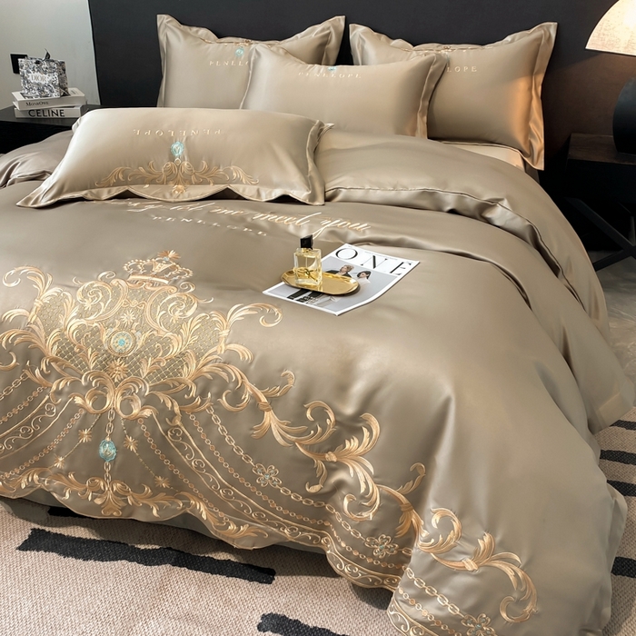 91家纺网 家纺一手货源 找家纺 欧乐蒂 2025新款欧式水洗贡缎全棉刺绣四件套-欧雅终版 高级灰