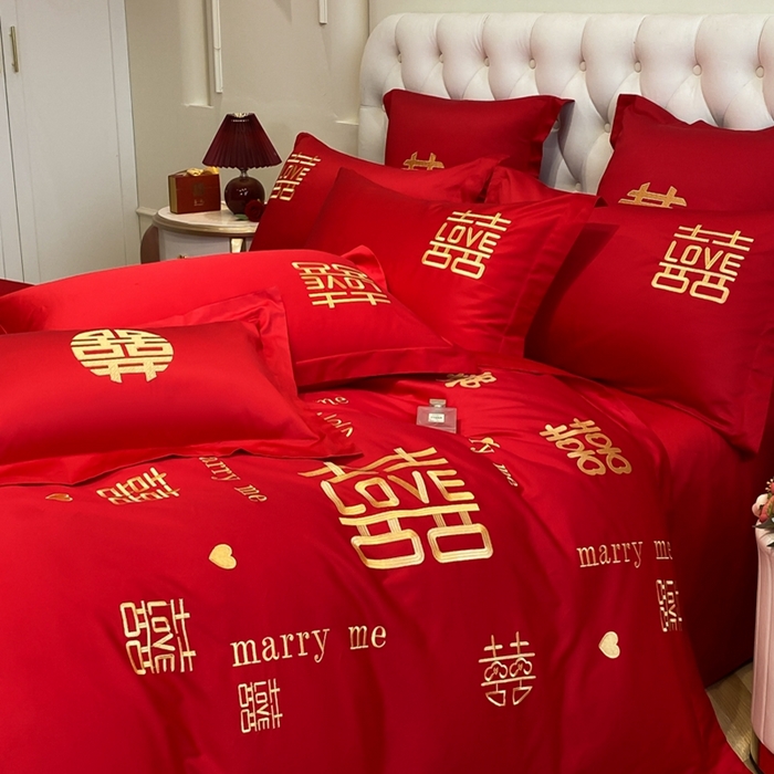 91家纺网 家纺一手货源 找家纺 欧乐蒂 2025新款亲肤棉婚庆刺绣四件套-终版 家有喜事-金