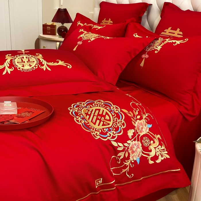 91家纺网 家纺一手货源 找家纺 欧乐蒂 2025新款亲肤棉婚庆刺绣四件套-终版 喜事连连