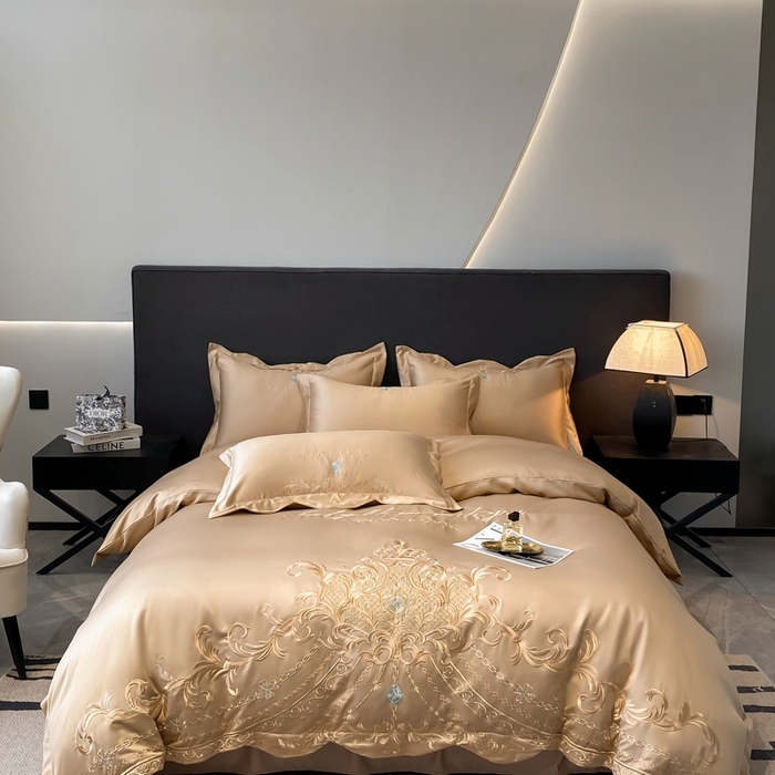 91家纺网 家纺一手货源 找家纺 欧乐蒂 2025新款欧式水洗贡缎全棉刺绣四件套-欧雅终版 香槟