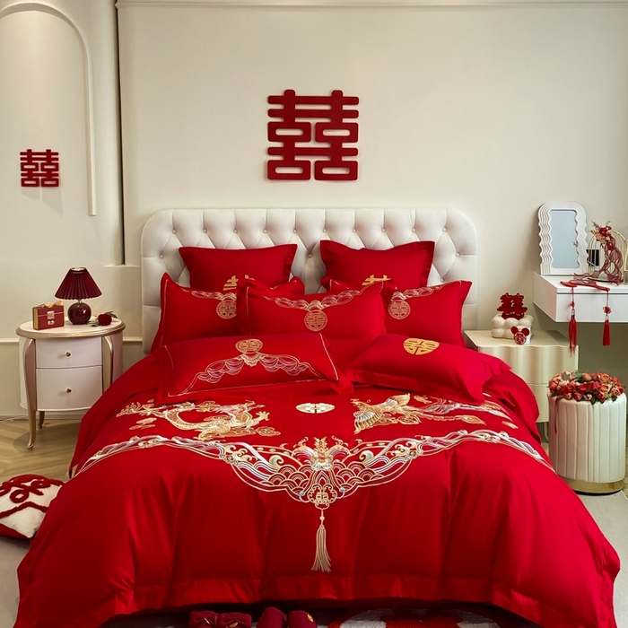 91家纺网 家纺一手货源 找家纺 欧乐蒂 2025新款亲肤棉婚庆刺绣四件套-终版 龙凤祥瑞