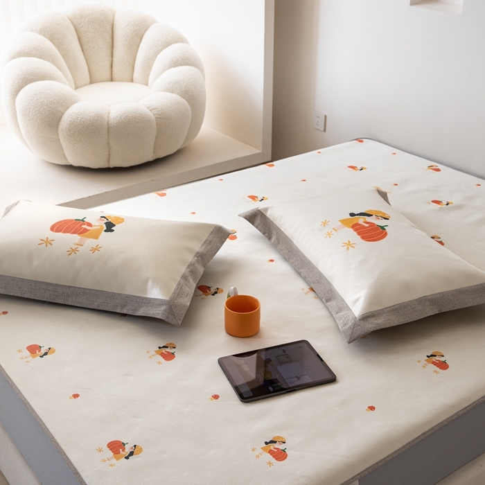 91家纺网 家纺一手货源 找家纺 本希家居 2024新款花漾清新系列高端可水洗冰丝席 小南瓜床笠